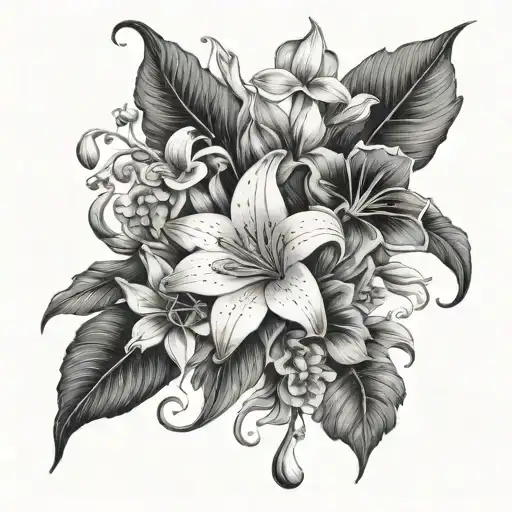 morning glory, snowdrop, cosmos , holly , waterlily and lily of valley bouquet  tattoo design idea