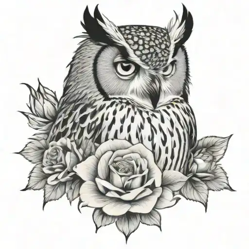 Eagle owl with a rose tattoo design idea