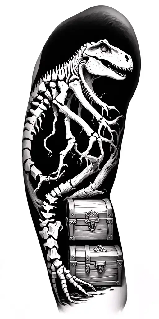  the roots of the trees, 1 image of dinosaur bones, and 1 treasure chest an arm sleeve  tattoo design idea