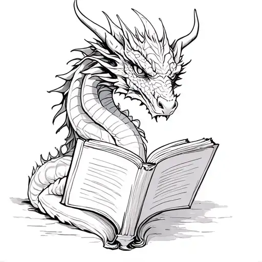 Dragon reading a book, fantasy books tattoo design idea