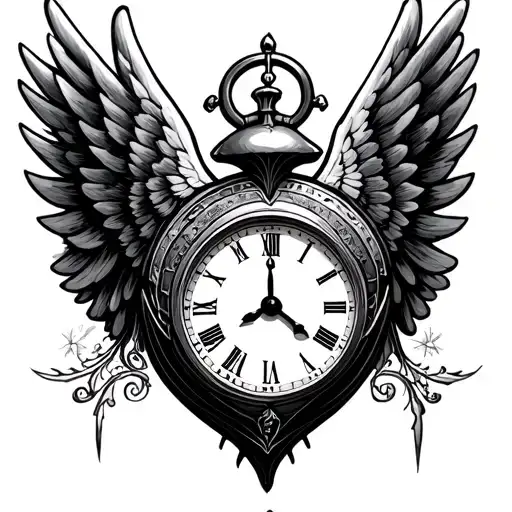 Wing heart clock tattoo design idea
