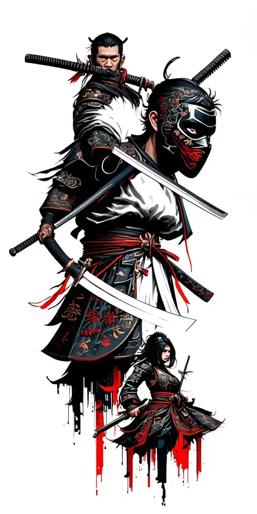 Samurai in the style of cyberpunk. At the top, the image of a man with a katana below a woman in a mask tattoo design idea