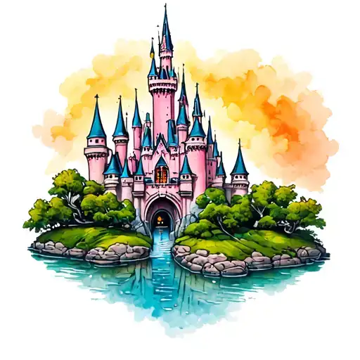tiny disney castle tattoo with a little bit of color tattoo design idea