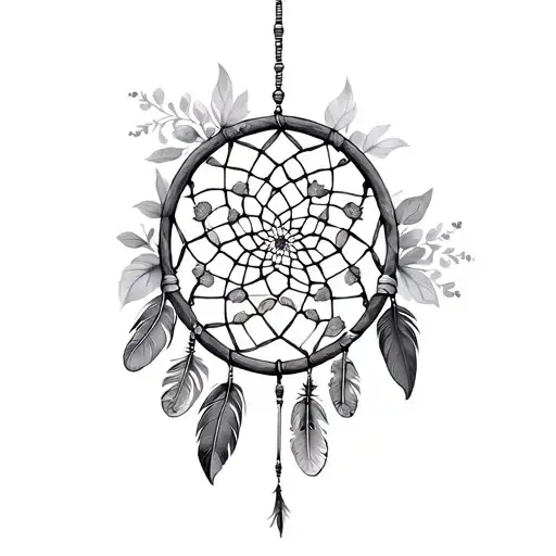 A dream catcher with intricate patterns made of begonia petals and feathers, symbolizing inner peace tattoo design idea