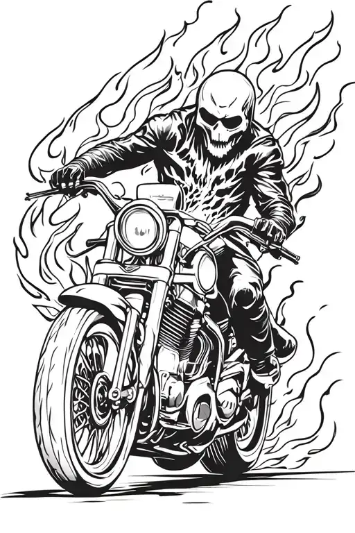 Ghost rider engulfed in flames riding a motorcycle tattoo design idea