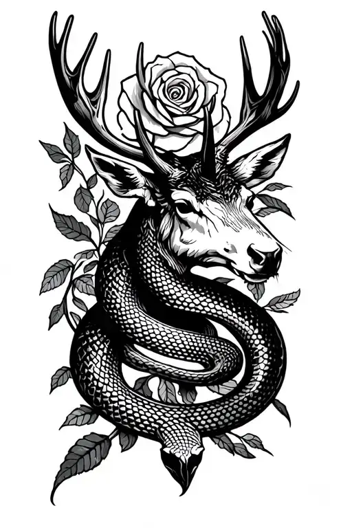 snake coiled wrist followed up by elk head with antlers rose inside antlers  greek god  tattoo design idea