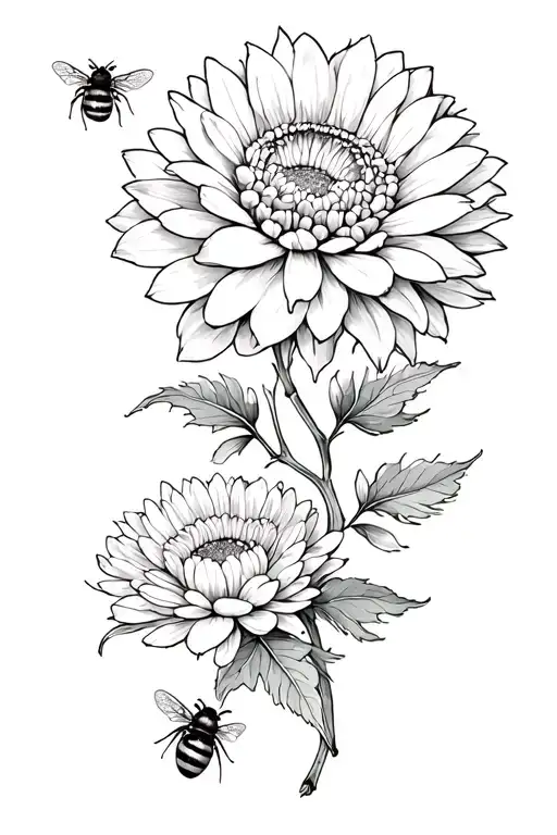 Chrysanthemum, peony, hawthorne, aster, realism, bicep placement, 2 bees tattoo design idea