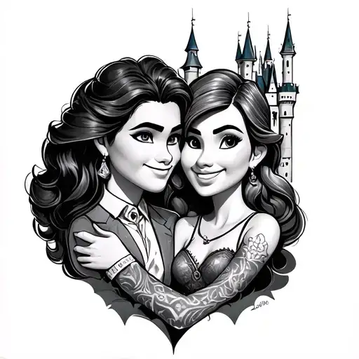 Mike wazaoski and remy leaning on Disney castle tattoo design idea