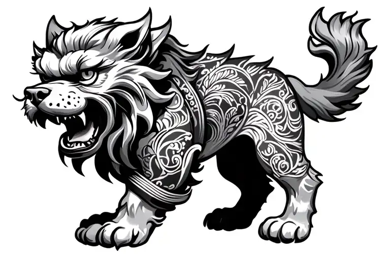 foo dog leg wrap tattoo design idea