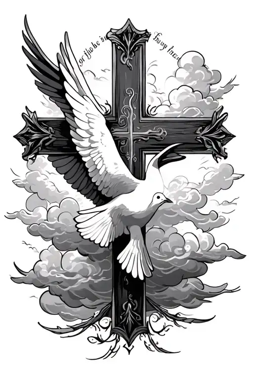 cross , bible verse , dove , clouds tattoo design idea
