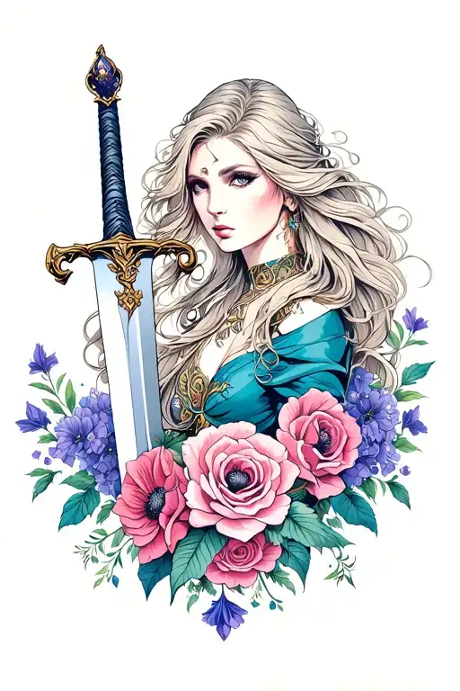 beautiful woman with long, flowing hair carrying a sword overlooking roses, violets and cosmos tattoo design idea
