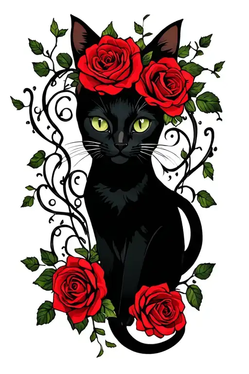 Gothic design, simple black cat design l, red roses intertwined, vines tattoo design idea