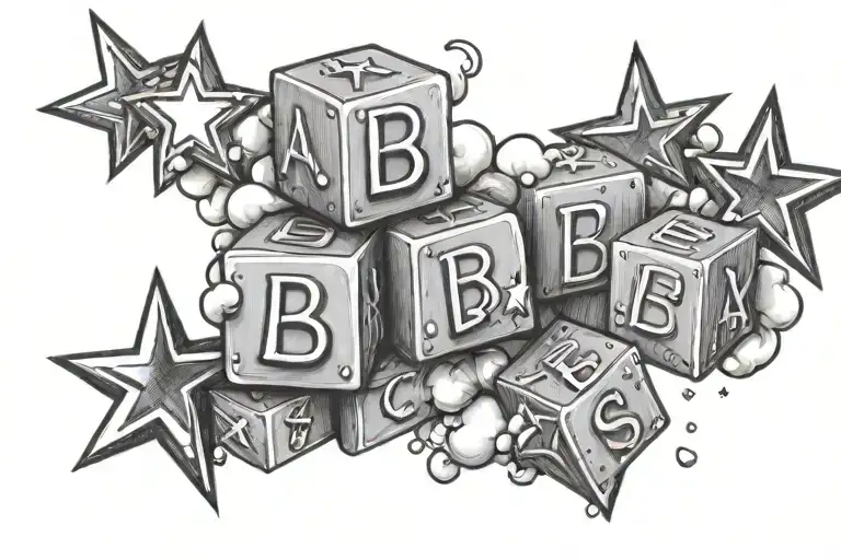 Aubree spelled in baby blocks with clouds and stars around the blocks tattoo tattoo design idea