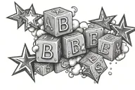 Aubree spelled in baby blocks with clouds and stars around the blocks tattoo tattoo design idea
