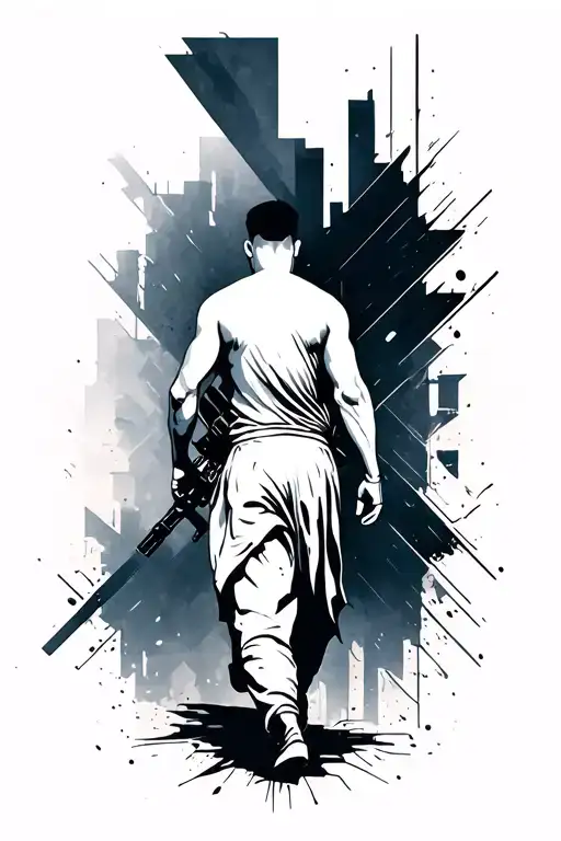 An lean warrior walking through urban destructive chaos geometric background towards a better future. Seen from behind tattoo design idea