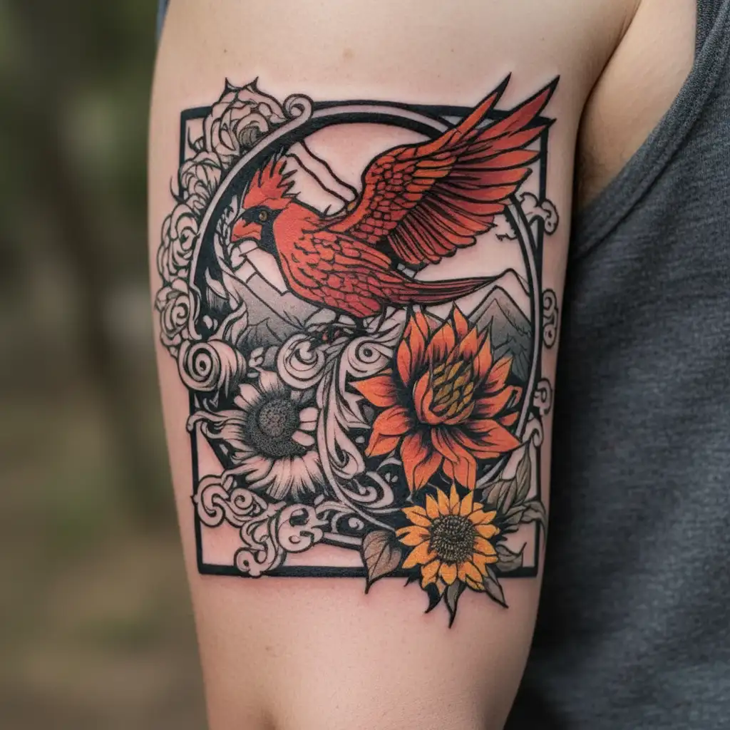 black and white Cardinal, Sunflower, Mountains, Dragon, and Wave tattoo design idea