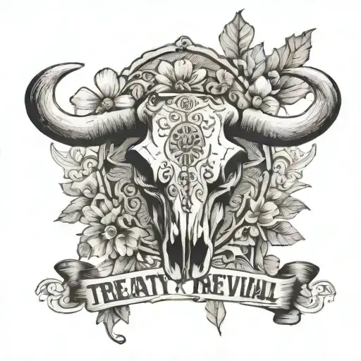 cow skull with price tag with the words treaty oak revival inside the price tag with western flowers in the background tattoo design idea
