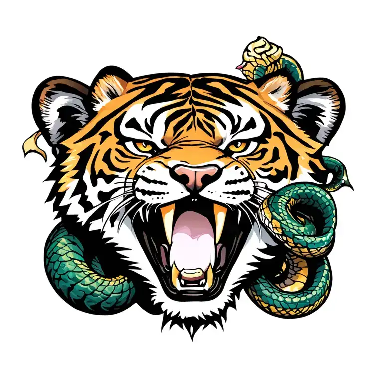 tiger face with coiling snake in its mouth wide open tattoo design idea