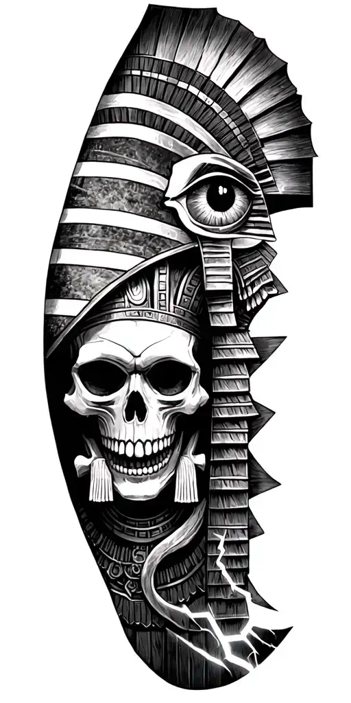 A Fusion Of Inka And Egyptian Symbolism, Featuring skull and bones osiris and All Seeing Eye and lightning bolt tattoo design idea