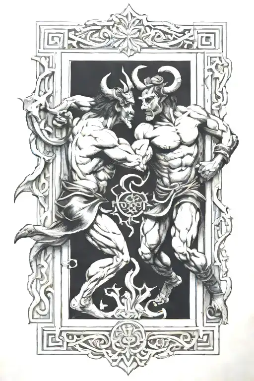 Minotaur and theseus fighting under a labyrinth  tattoo design idea