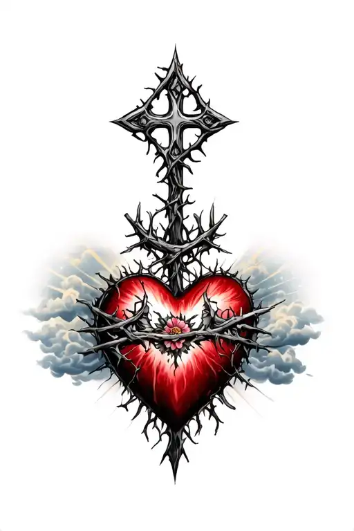 heart shape, clouds, rays, floral patterns, Norse cross, crown of thorns tattoo design idea