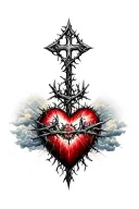 heart shape, clouds, rays, floral patterns, Norse cross, crown of thorns tattoo design idea