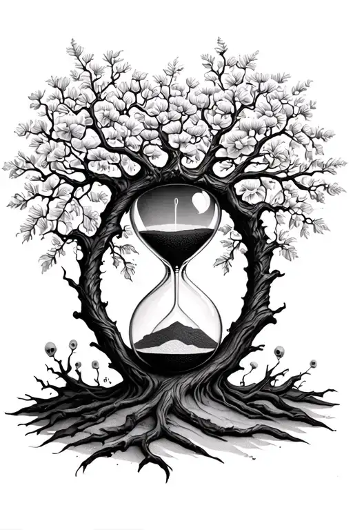 Tree of life forming hourglass memento mori in sand within hourglass tattoo design idea