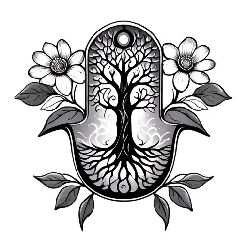 Hamsa tattoo with tree of life in the hamsa and 3 anemone flowers on the outside of the hamsa, tattoo design idea