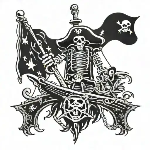 a pirate skeleton climbs up the mast and reaches out to the flag at the top of the mast tattoo design idea