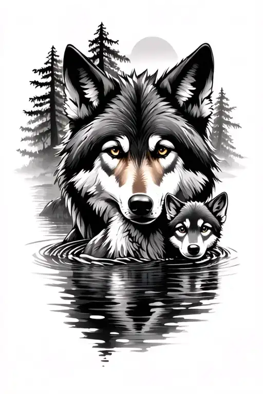 adult wolf looking at water in woods with baby wolf looking back at it tattoo design idea