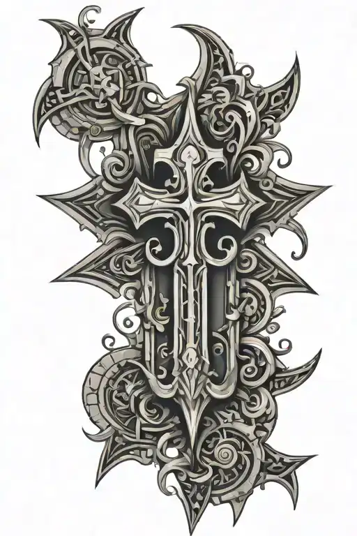 mosaic old dark shapes with small crossses and daggers tattoo design idea