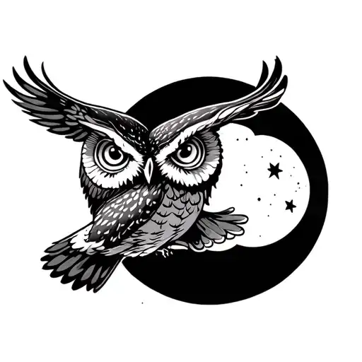 Owl with white eyes, flying at night by moon tattoo design idea