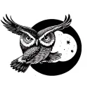 Owl with white eyes, flying at night by moon tattoo design idea