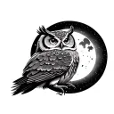 Owl with white eyes, flying at night by moon tattoo design idea