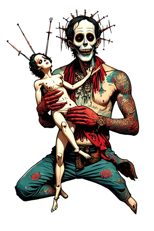 voodoo man, holding doll with needles stuck in and souls around. tattoo design idea