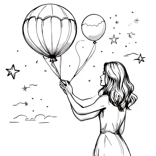 Women's silhouette from behind and holds balloons in their hands, a Tballon flies away, a star in the sky tattoo design idea