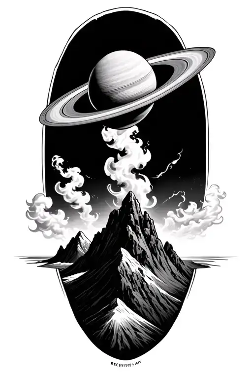 smoke forming saturn on top of a mountain peak tattoo design idea