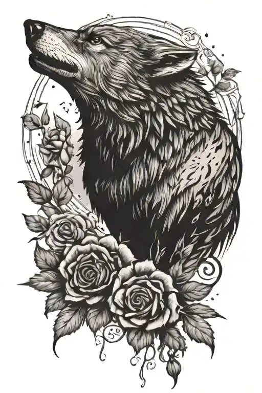 wolf, raven, moon, roses, vegetation tattoo design idea