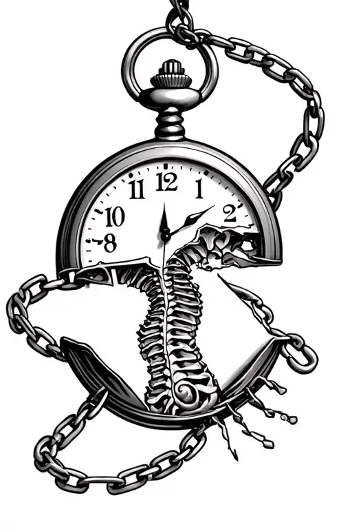 the words timeless going down the spine with a chain broken pocket watch  tattoo design idea