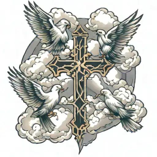 3 crosses with 2 doves and clouds tattoo design idea
