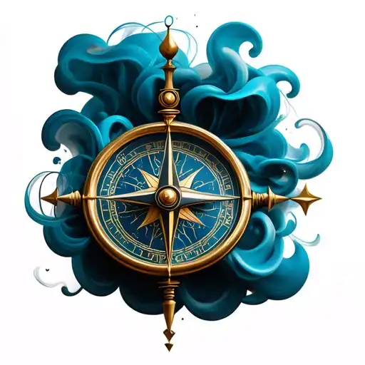 3d compass with smoke swirling woth japanese ornaments tattoo design idea