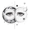 two eyes centered together surrounded by planets/galaxy on bicep and fine line black and grey tattoo design idea