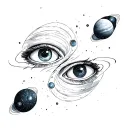 two eyes centered together surrounded by planets/galaxy on bicep and fine line black and grey tattoo design idea