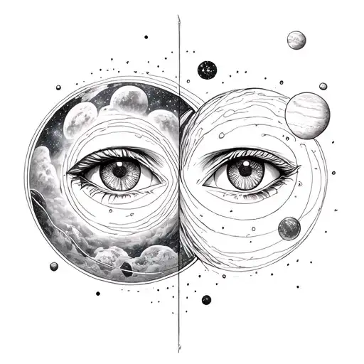 two eyes centered together surrounded by planets/galaxy on bicep and fine line black and grey tattoo design idea