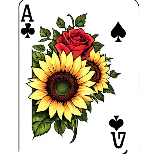 Poker cards sunflower and roses tattoo design idea