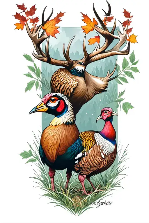 pheasant deer and turkey hunting scene tattoo design idea