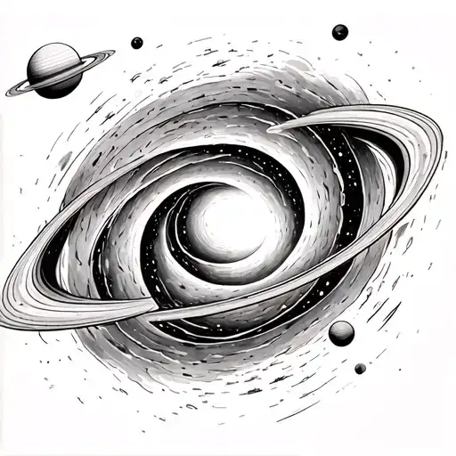 	Black Hole with Orbiting Planets – A central black hole with fine-line orbits spiraling around it, f tattoo design idea