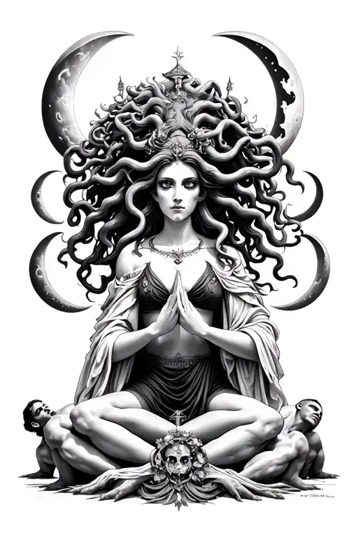 Medusa as a high priestess surrounded by men at her feet phased moons in the back tattoo design idea