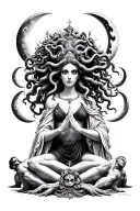 Medusa as a high priestess surrounded by men at her feet phased moons in the back tattoo design idea