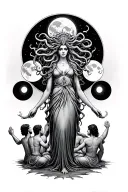 Medusa as a high priestess surrounded by men at her feet phased moons in the back tattoo design idea